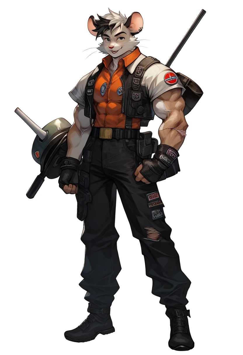 a anthropomorphic furry white mouse,mice buff,muscular man wearing a biker outfit,scars,Biker mice from mars,veteran,Vinnie,thick,young ,90’s style. He’s androgynous,spiky hair,equipped with some firearms weapons and a sensual ,cool expression,full body.The scene has a cool,sweet,sexual,samurai style and a vibrant tone.industrial setting in the background