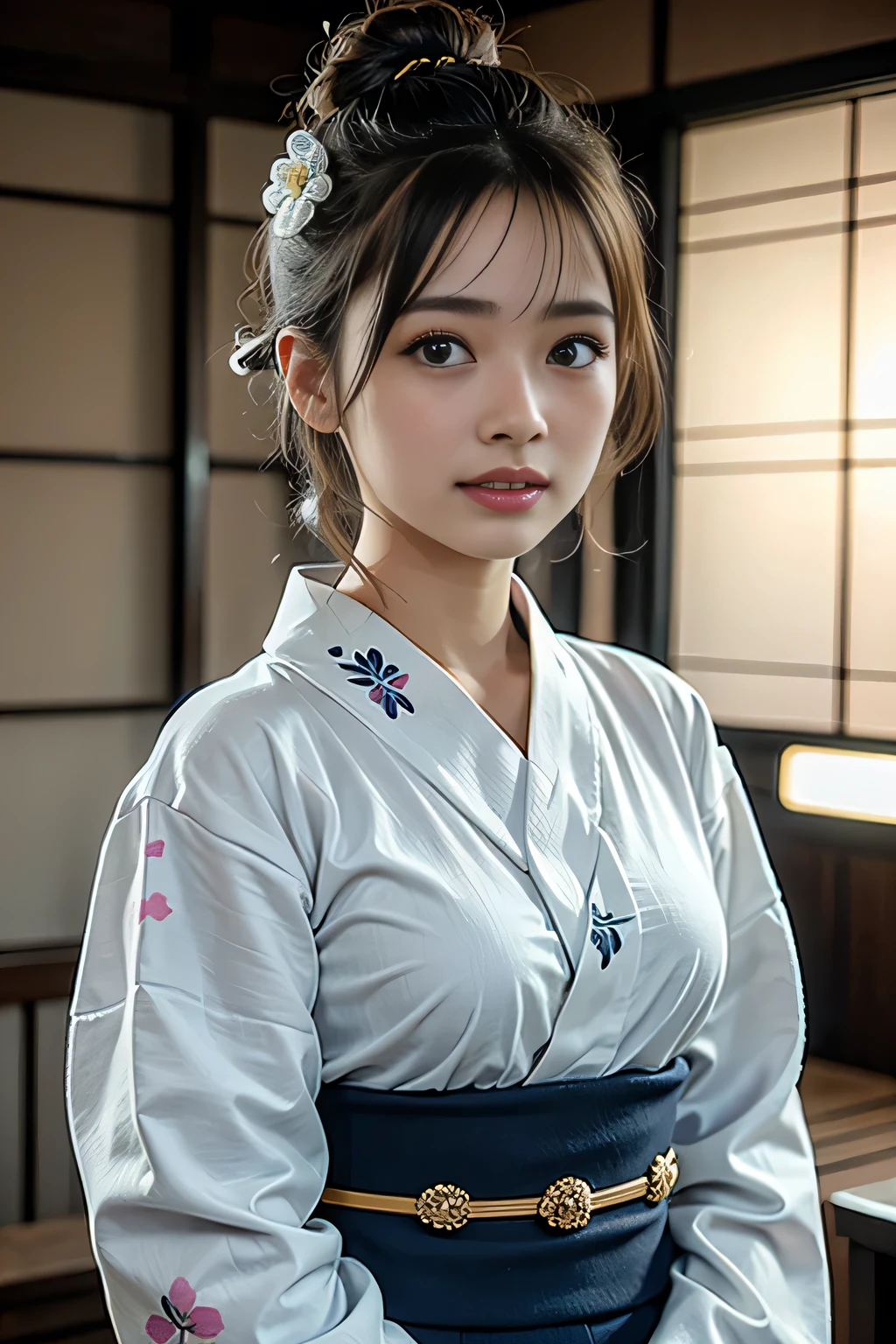 (Tabletop, Highest quality:1.4), Beautiful Face, 8k, 85mm, Absurd,、((Traditional Japanese room（with futon）))、((White floral yukata:1.4)), ((Cowboy Shot:1.4))、Delicate, alone, ((Single hair bun:1.4))、night, View your viewers, Upper Body, Film Grain, chromatic aberration, Sharp focus, Face Light, Professional Lighting, Sophisticated, (smile:0.4), (Simple Background, Bokeh Background:1.2), Detailed aspect