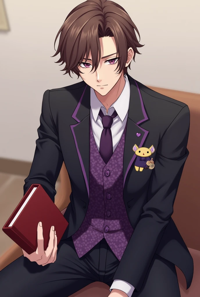 Brown-haired man。His short hair is very outward-swept, primarily to the right。He has a squinty but slightly upward-slanting gaze with amethyst-purple eyes。Having eyes that appear listless、lack much expression。He is wearing a suit that gives off a stiff atmosphere。He is wearing a white dress shirt with a plain purple tie, over which he is wearing a purple waistcoat with a white and brown diagonal check pattern, over which he is wearing a jacket that is a shade between black and purple, with purple buttons.。His trousers are made of stiff fabric in a color that is somewhere between black and purple。He has a gold metal pin badge with a smiling face on his left breast pocket, with a soft, animal-like tail that has a white to purple gradient。The shoes are gentleman's light brown loafers。His jacket is open, revealing a waistcoat。He is holding a red book。Anime Style