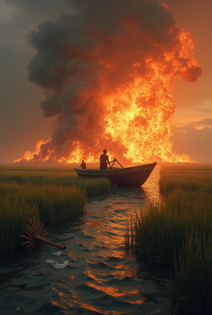 Create a scene where a boat is sinking,paddy is on fire and an agricola is broken