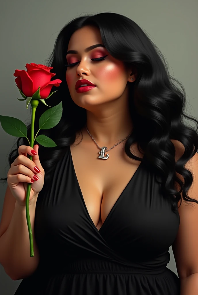 Create a profile picture of a plus-size woman with black wavy hair that reaches below her shoulders, Latina, with thick red lips, dressed in an elegant black dress with a neckline and a necklace with the letter L, with her eyes closed smelling a rose that has its eyes blindfolded