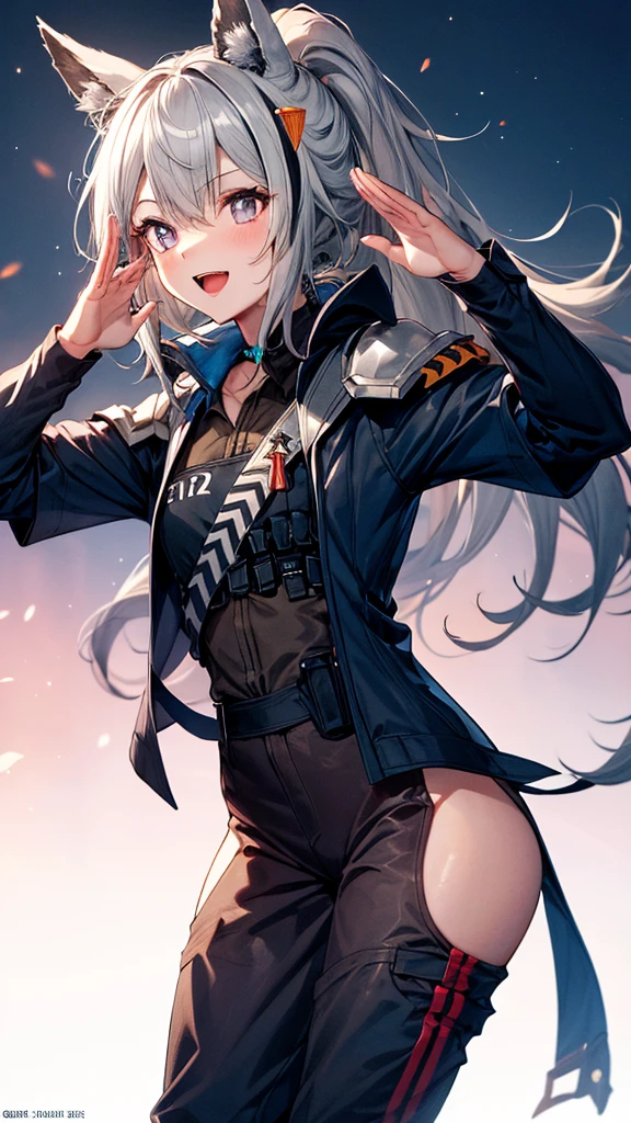 cowboy shot,grani_arknights,1girl,animal ears,twinkle smile,open mouth,gray hair,ponytail,Helmets,jacket,pants,(Side slits), Greaves,(leaning forward,salute),masterpiece,Noise Reduction,perfect anatomy,high resolution, ultra-detailed, ultra-detailed face,game cg,dutch angle ,beautiful detailed eyes,visualart,five fingers, perfect hands, perfect lighting, sparkling pupils,