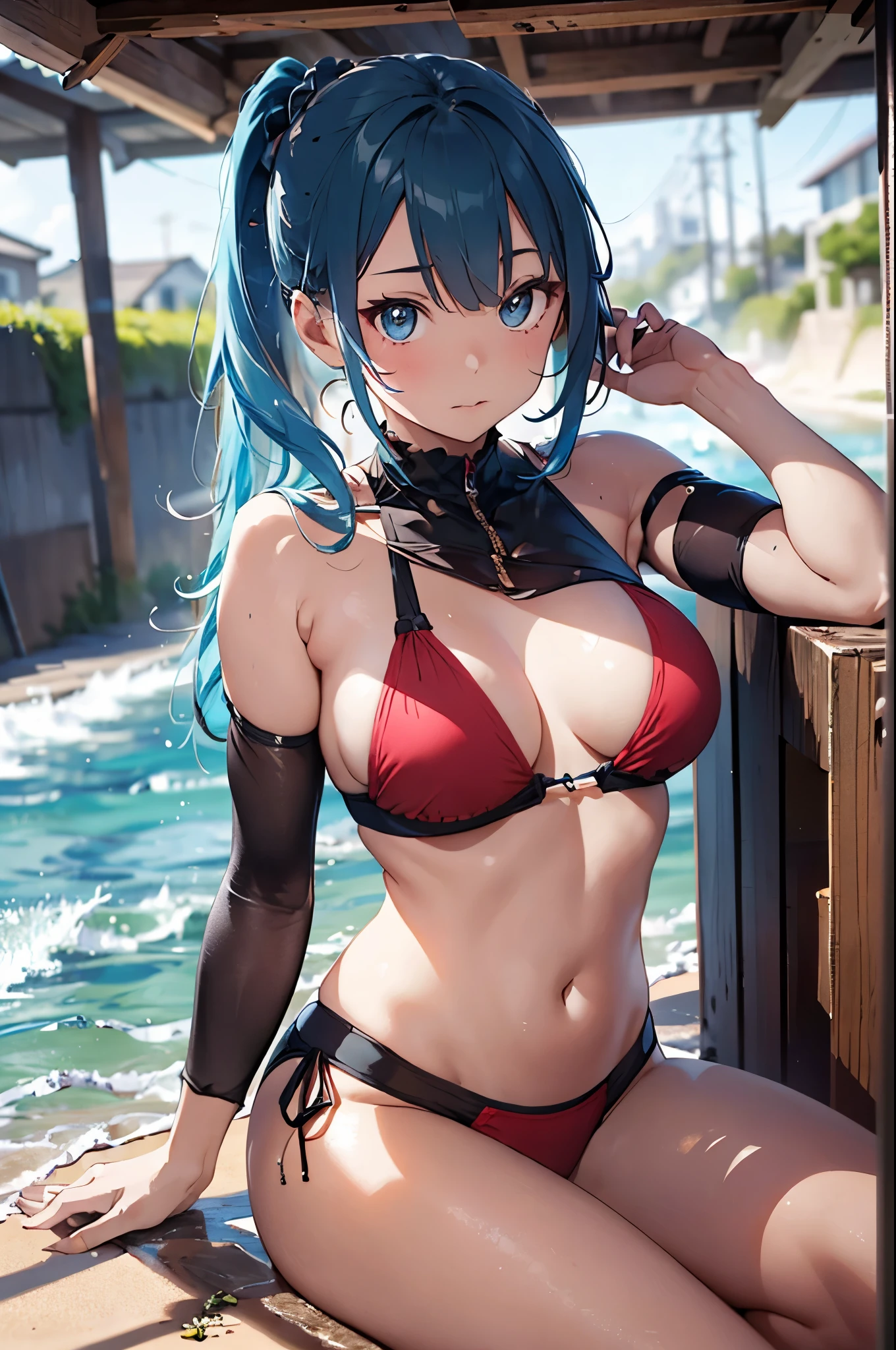 High resolution,topless、
One beautiful young woman,Light blue hair、ponytail、
(Soft Saturation:1.3), (Fair skin:1.2),
(ultra-Detailed Background, Detailed Background), Bokeh,
break'Smiling portrait.,
When viewed from the front, The composition is symmetrical,
Looking straight at you with serious eyes,
break Swimwear, Red Bikini, Center of chest,
Outdoor, Sea surface, null, sunlight,Summer beach, Sandy Beach,
Strong light, Front lighting,
(:1.3), (Cowboy Shot:1.2),
Front brake angle,
View your audience,
Dynamic pose,
sitting on the beach
Seaweed、Seaweed、Seaweed、Seaweed、Seaweed、Seaweed、Seaweed、
