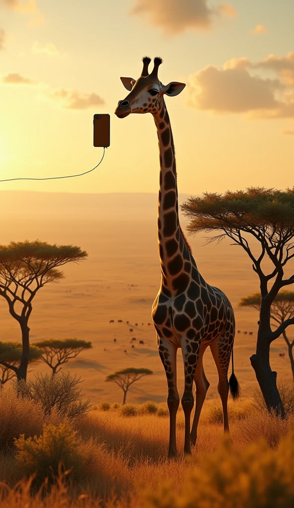 Giraffe's Towering Selfie": An anthropomorphic giraffe leaning its long neck down toward a smartphone held by its hoof, capturing a wide-angle selfie of the savannah below. The selfie camera view shows the giraffe winking, with acacia trees and grazing animals in the background. [Expansive, detailed landscape, golden lighting, high-angle, wide zoom].