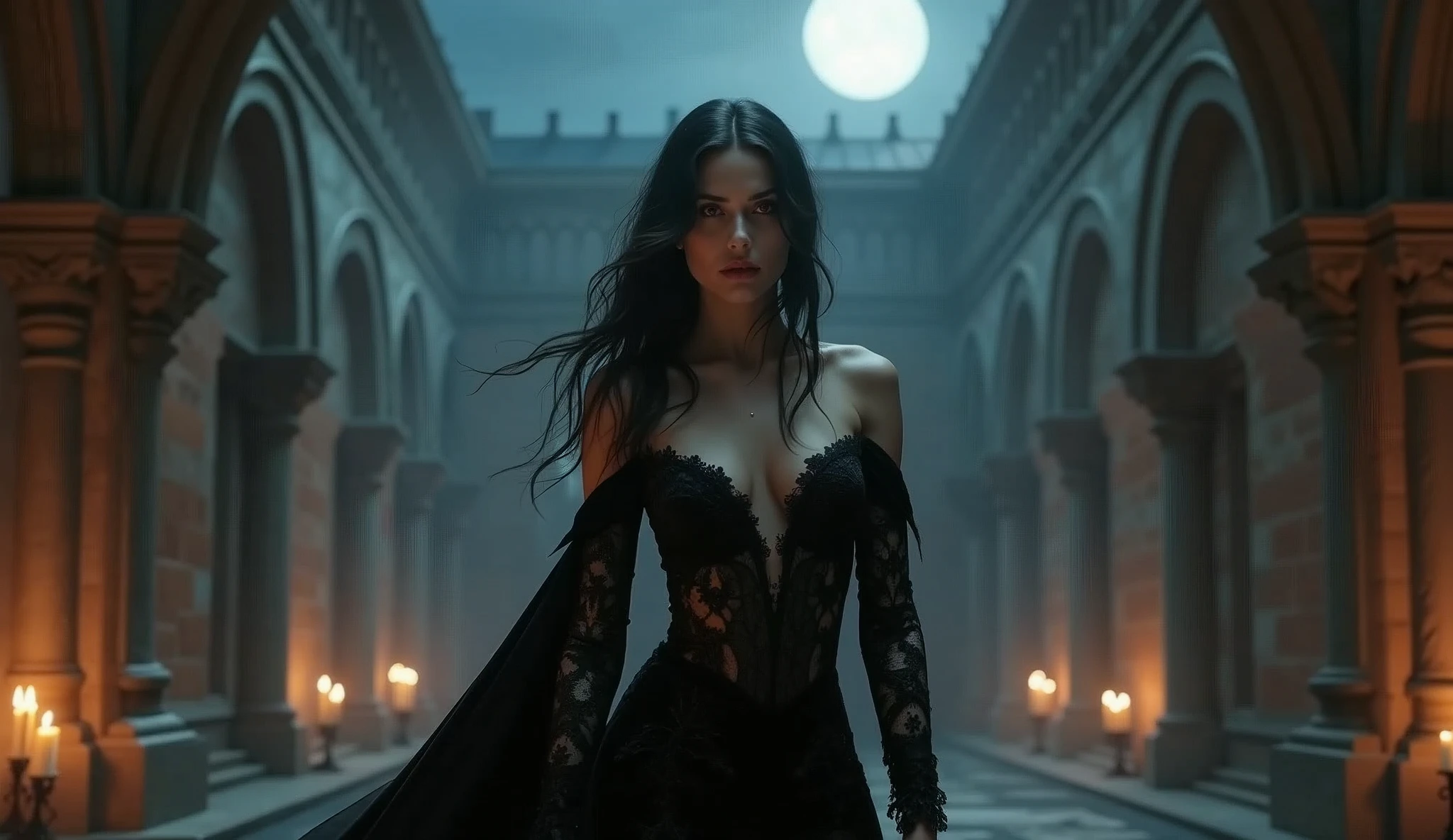 A seductive vampire with piercing red eyes and long, dark hair, standing under the pale moonlight in an ancient gothic courtyard. She wears a form-fitting, black velvet gown with intricate lace detailing, and her sharp fangs glisten as she whispers into the night. The background is filled with dark, shadowy arches and flickering candlelight, creating a mysterious and alluring atmosphere.