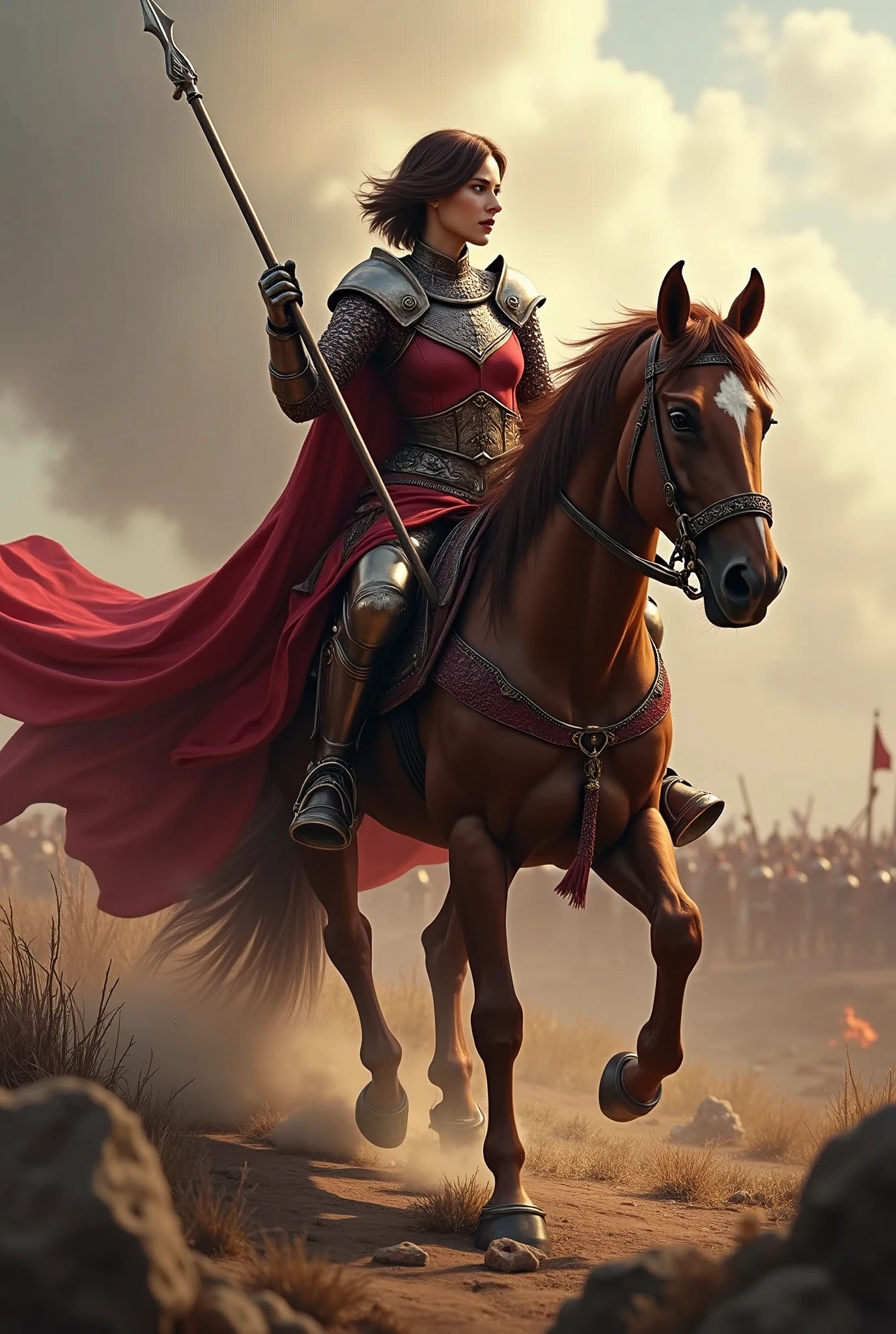 Ultra-realistic, 4k, beautiful woman, brown hair, short hair, wine-red armor, on horseback, big spear, clear eyes, cute face, realistic, realistic, ultra-clear, war, epic battlefield