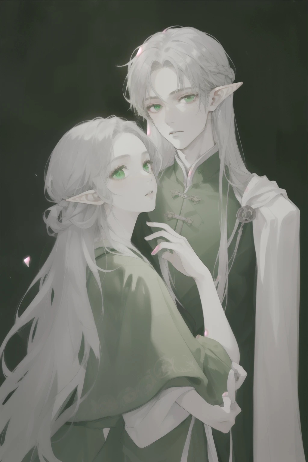 （masterpiece），male，Elves，individual，Deep but clear eyes，Light green eyes，White skin，Silver long hair，Straight Hair，Wearing hair，非常SimpleDark green robe，Gentle but calm，simple，Simple，Noble and elegant temperament，（Dark green robe！！！）