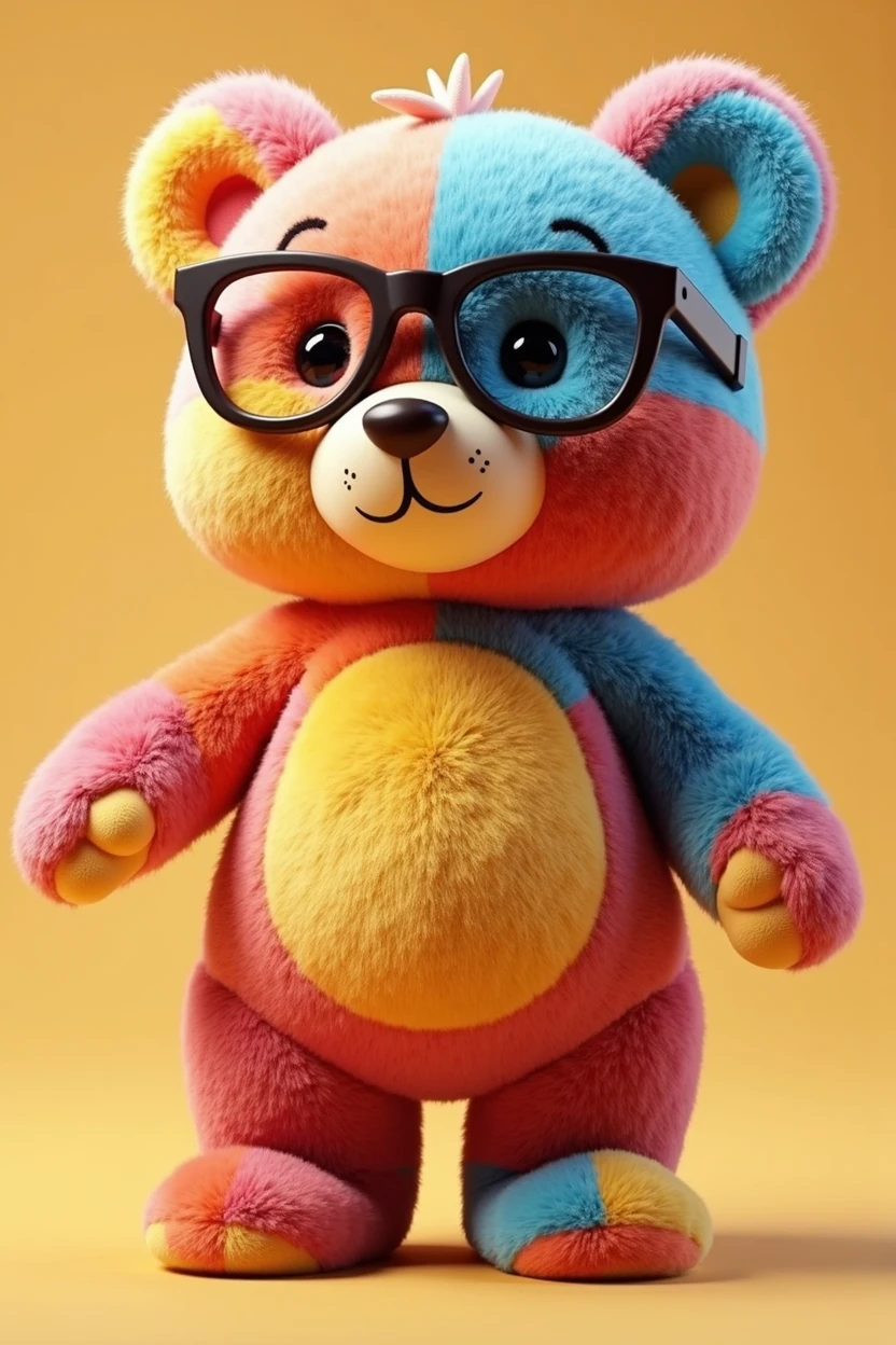 CREATE A 3D TEDDY BEAR MASCOT FOR THE MOBILE TOY LIBRARY, IT NEEDS TO BE COLORFUL AND WEAR GLASSES
