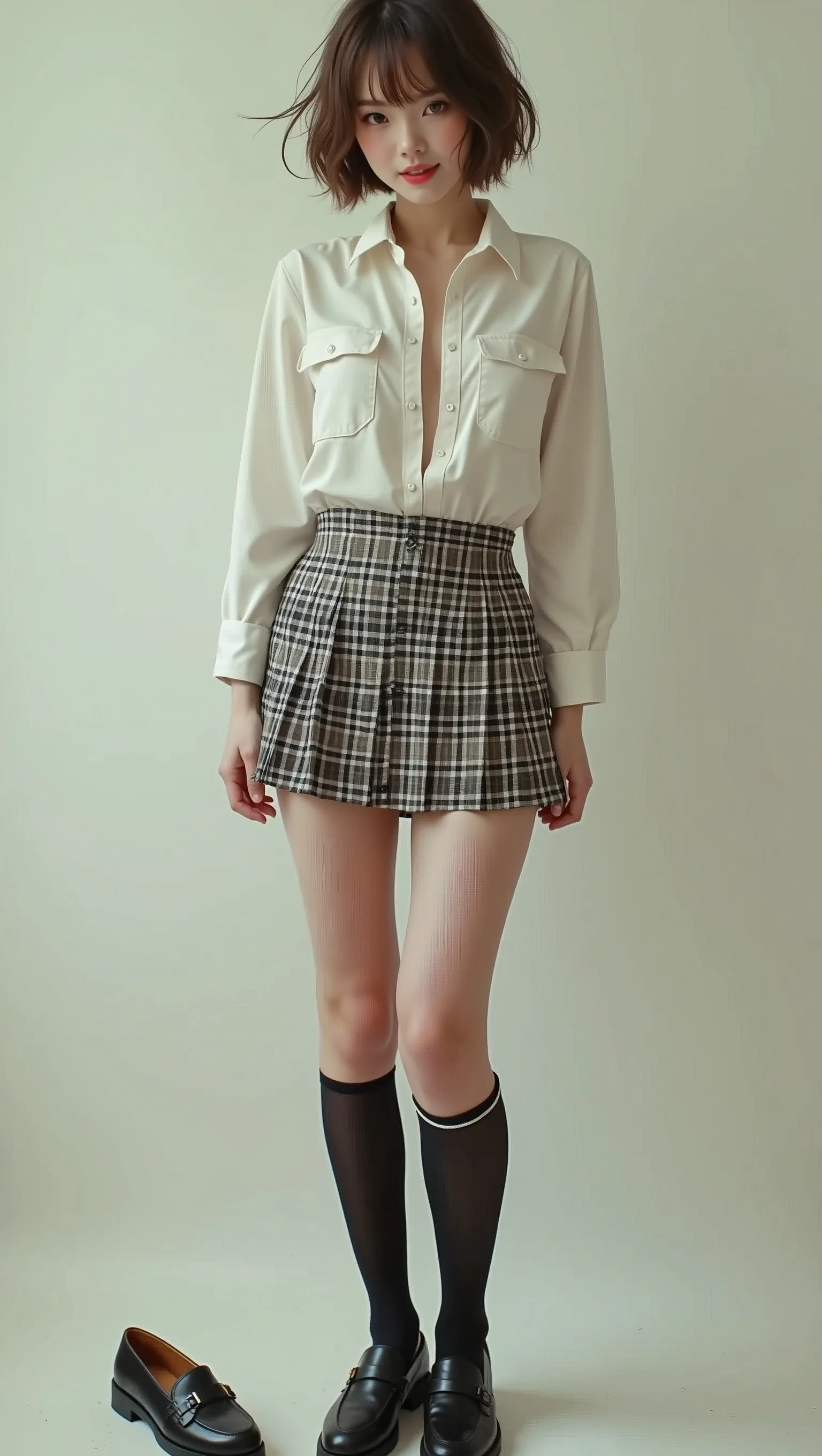 (((There is one girl:1.5)))，Gal，(((A tall high school girl with a model figure)))，Perfect proportions，(Standing facing this)，Full body photography，(wide thighs, Very long legs)，Fleshy，Mid-chest，(((Cleavage)))，Breast enlargement，swelling of the nipples，Unbutton your shirt，Loafer Asterpiece on the ground:1.3)，((8k, Photorealistic:1.4，Surreal，RAW Photos, highest quality: 1.4，Ultra high definition，Super detailed)), Beautiful Face，(Realistic face)，(Brown's shortcuts:1.3)，Short Hair，Disheveled Hair，Fluffy hair，Detailed eyes，Realistic beautiful skin，Golden Ratio，Super cute，Open your mouth a little，smile，High school girl in summer clothes，White shirt，Sweaty，Wetty，(Wet shirt)，See-through shirt，Light clothing，Surreal school girl，pleated micro mini skirt，Checkered micro mini skirt，Pleated miniskirt with tartan check，((I can see your panties！！))，pantyhose，(Black Stockings)，((Knee-high stockings))，loafers，Esbian all over，High school girl wearing JK uniform，Sexy pose，Anatomically accurate body，Precisely drawn fingers，