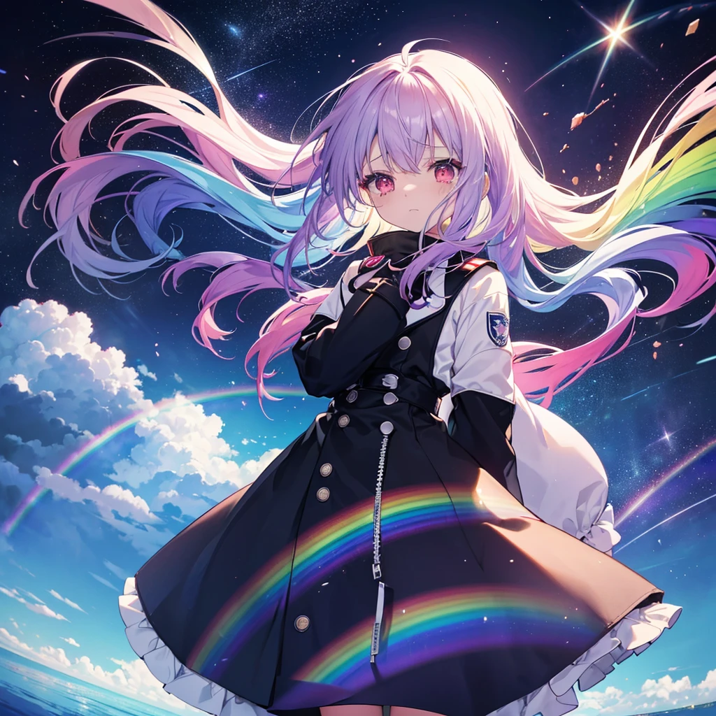 ((Fantasy　Rainbow Hair　Long Hair　Dull red eyes　Have a galaxy　uniform　Put on a coat without putting your arms through it　Lonely　despair))　((Tears　gloves))　(Broken glass　Distorted Space-Time　star　moon)　Catch the wind　fall　Shining Background　Particles of light, shining edges