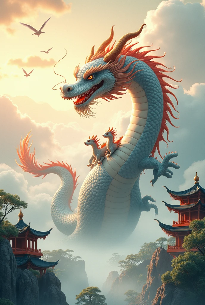 A gray Chinese dragon,huge,fly,with a few small dragons on its back,cute style,Chinese style in the background