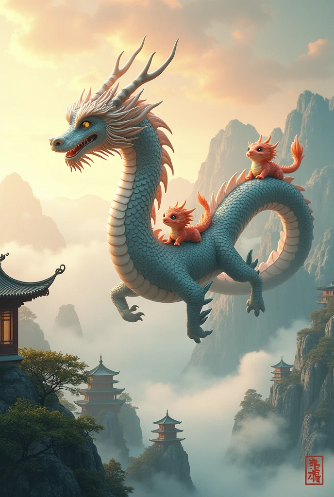 A gray Chinese dragon,huge,fly,with a few small dragons on its back,cute style,Chinese style in the background