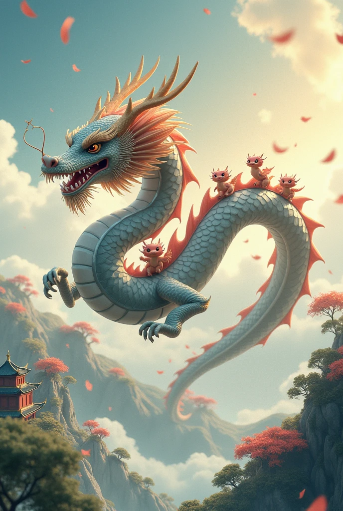 A gray Chinese dragon,huge,fly,with a few small dragons on its back,cute style,Chinese style in the background