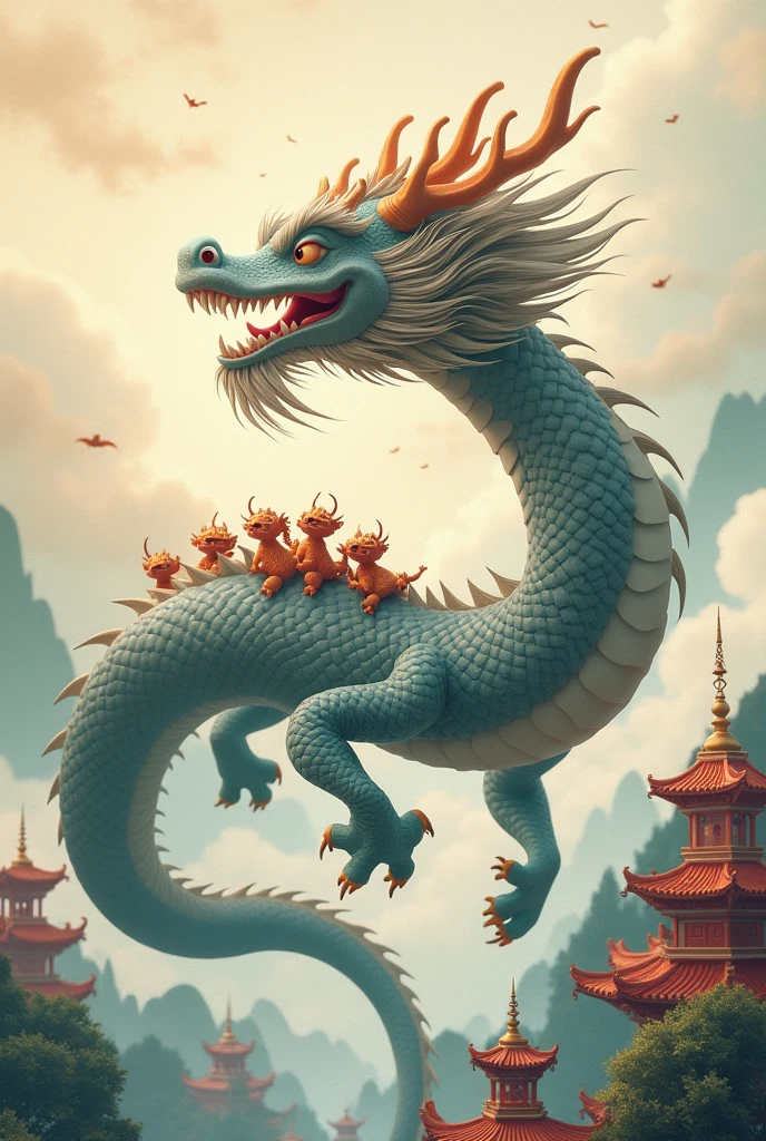 A gray Chinese dragon,huge,fly,with a few small dragons on its back,cute style,Chinese style in the background