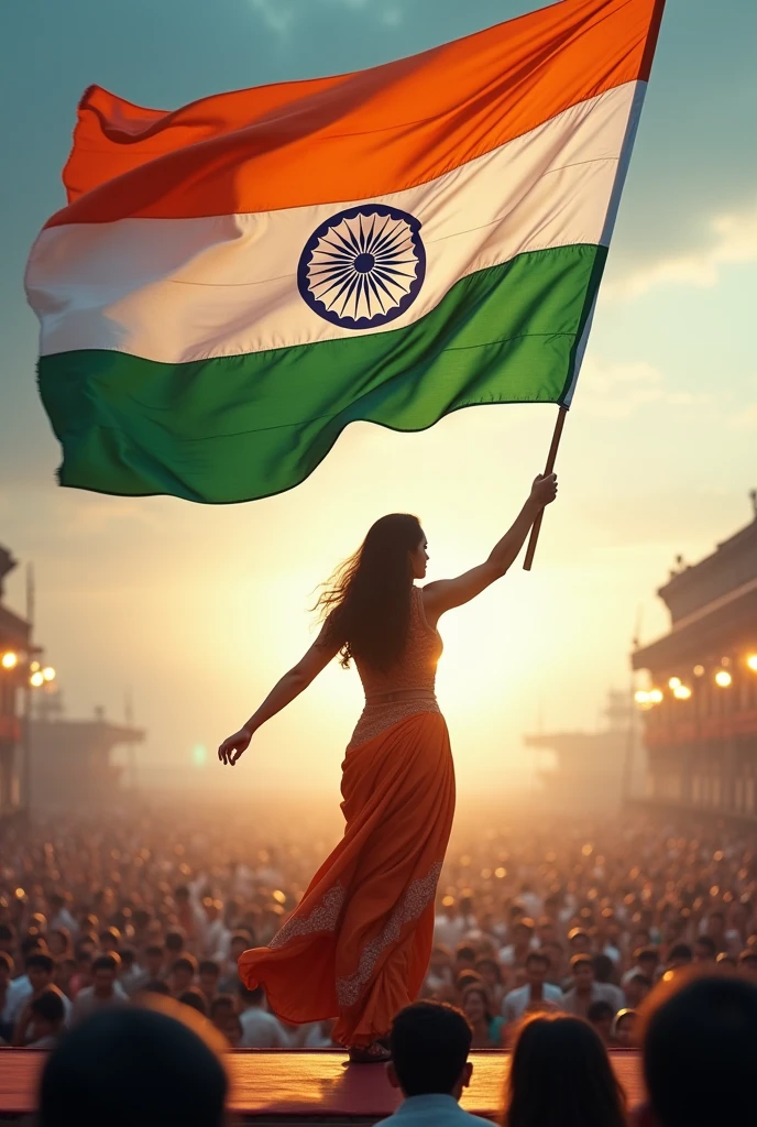Indan flag wave by a women on a public stage