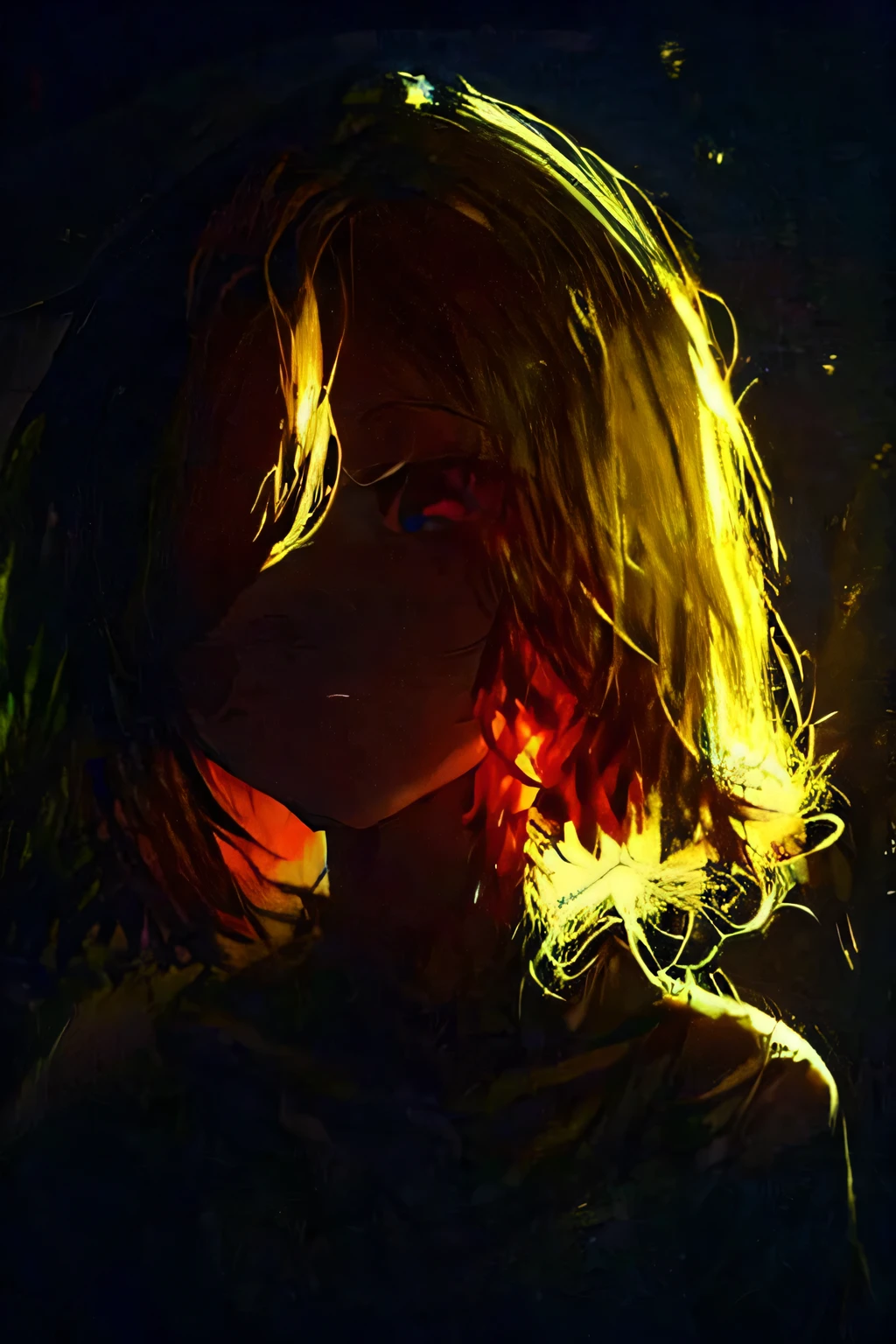 In Anime-art style, pixiv, masterpiece, 1 girl, (Close-up:1.1),Very Close to the Viewer( only half of the face is visible), soft lighting, Bloody sky, bloody environment, bloody rain, dark silhouettes, красный blood vibe, red vibe настроение, red like your blood, vampire life, Gothic, mysterious facial expressions, tattoos, aesthetics, rings and finger rings, web, head covered with dark cloth, Vampirism, на заднем фоне dark silhouettes, the character is closer to the viewer, видно только one eye, Focus on the character, Close-up, symbolism, a ritual, mirrors and paintings in the background, reflections, on the avatar, Dark art style, Blood runs down his face, portrait, leader, leads the concept, silhouettes behind, chaos, the weather is terrible, someone is spectating on her, DALLE, Close-up больших демонических глаз, сложные eyes, Unique Demon Ghouls, These images feature a dark, anime-style warrior with intricate tattoos and glowing red eyes, holding a blood-stained katana. The background includes a moonlit scene with shadowy samurai figures and a mysterious reaper, balanced to give equal focus to both the warrior and the background elements, creating a masterpiece, Digital art, city on the skyline, dark lighting, permission 1:1, blond hair, kimono, katana, Shanghai, nails painted black, in detail, moon and shadows, eyes, в eyesх отражение битвы, mysticism in the background, split personality, в eyesх готовится к битве, необычные eyes, scene, add more details, dark, fingers are proportional, serious look, holding a katana in his hands, only half of the face is visible, dystopia, night lighting, motion blur, красная и кровавая aesthetics, one eye, Close-up