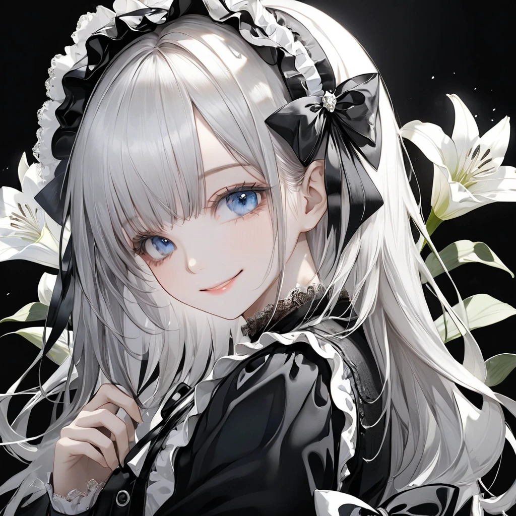 (digital art:0.2),(top-quality),(masterpiece),(1 girl),(solo),((girl holding a white lily)),Delicately drawn face,girl with a pretty face,beautiful detailed blue eyes,beautiful detailed gothic lolita fashions,((Black and white costume)),(Beautiful silky white hair:1.3),black ribbon hair ornament,Film Lighting,a beautiful artistic illustration,black theme,black background,beautiful smile,frontal face,cowboy shot