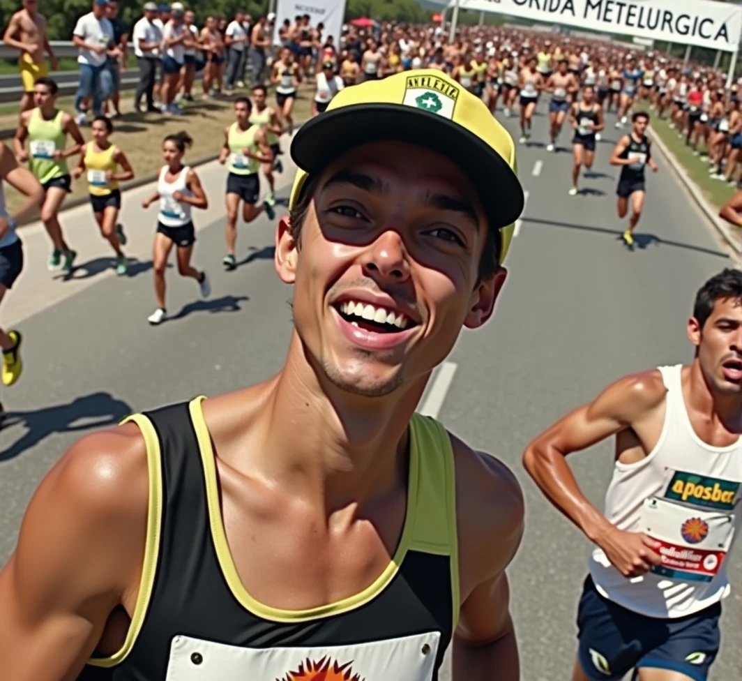 A high-quality photo of a large group of Brazilian people running in a marathon during the daytime. The runners, wearing a variety of colorful athletic gear, are in mid-stride, with expressions of focus and determination. sunlight dapples the ground, creating dynamic shadows. The scene is lively with spectators cheering from the sidelines, and the overall atmosphere is energetic and celebratory. Text written on banner "1ª Corrida Metelurgica"