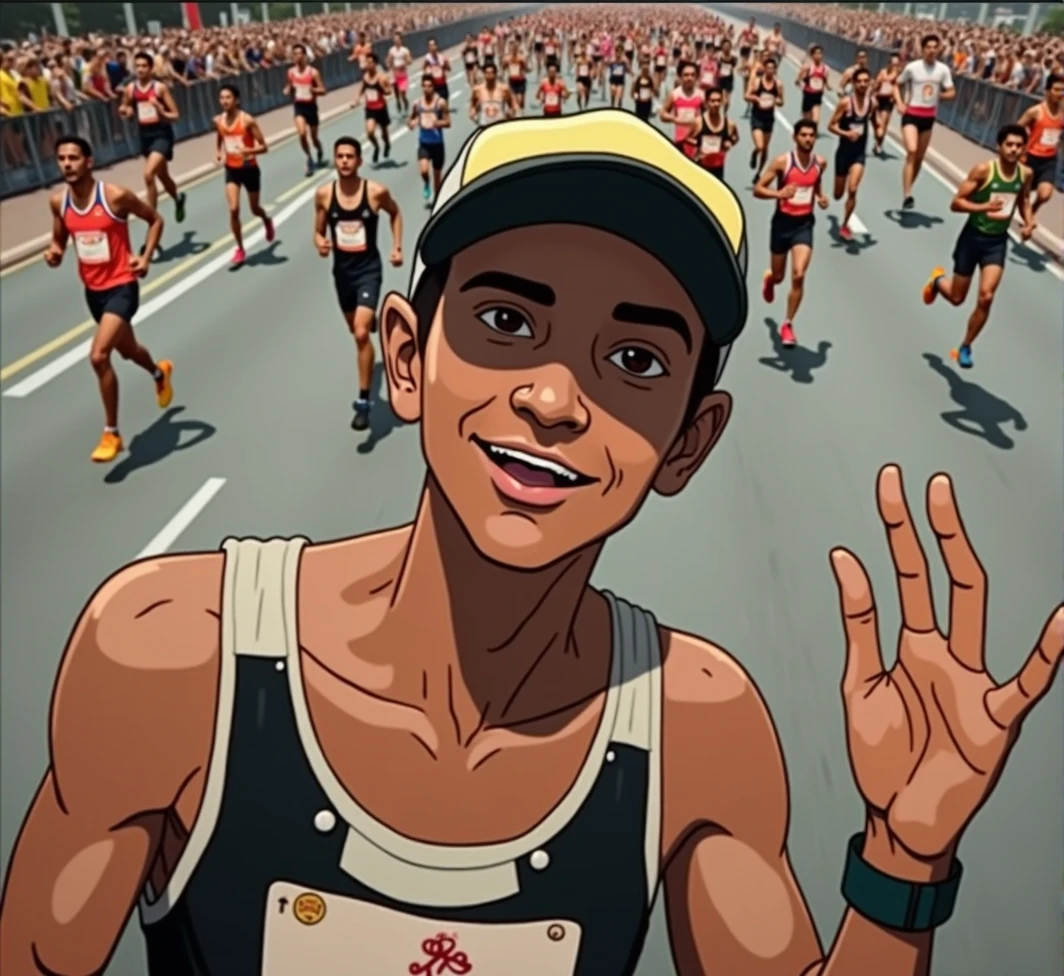 A high-quality photo of a large group of Brazilian people running in a marathon during the daytime. The runners, wearing a variety of colorful athletic gear, are in mid-stride, with expressions of focus and determination. sunlight dapples the ground, creating dynamic shadows. The scene is lively with spectators cheering from the sidelines, and the overall atmosphere is energetic and celebratory. Text written on banner "1ª Corrida Metelurgica"