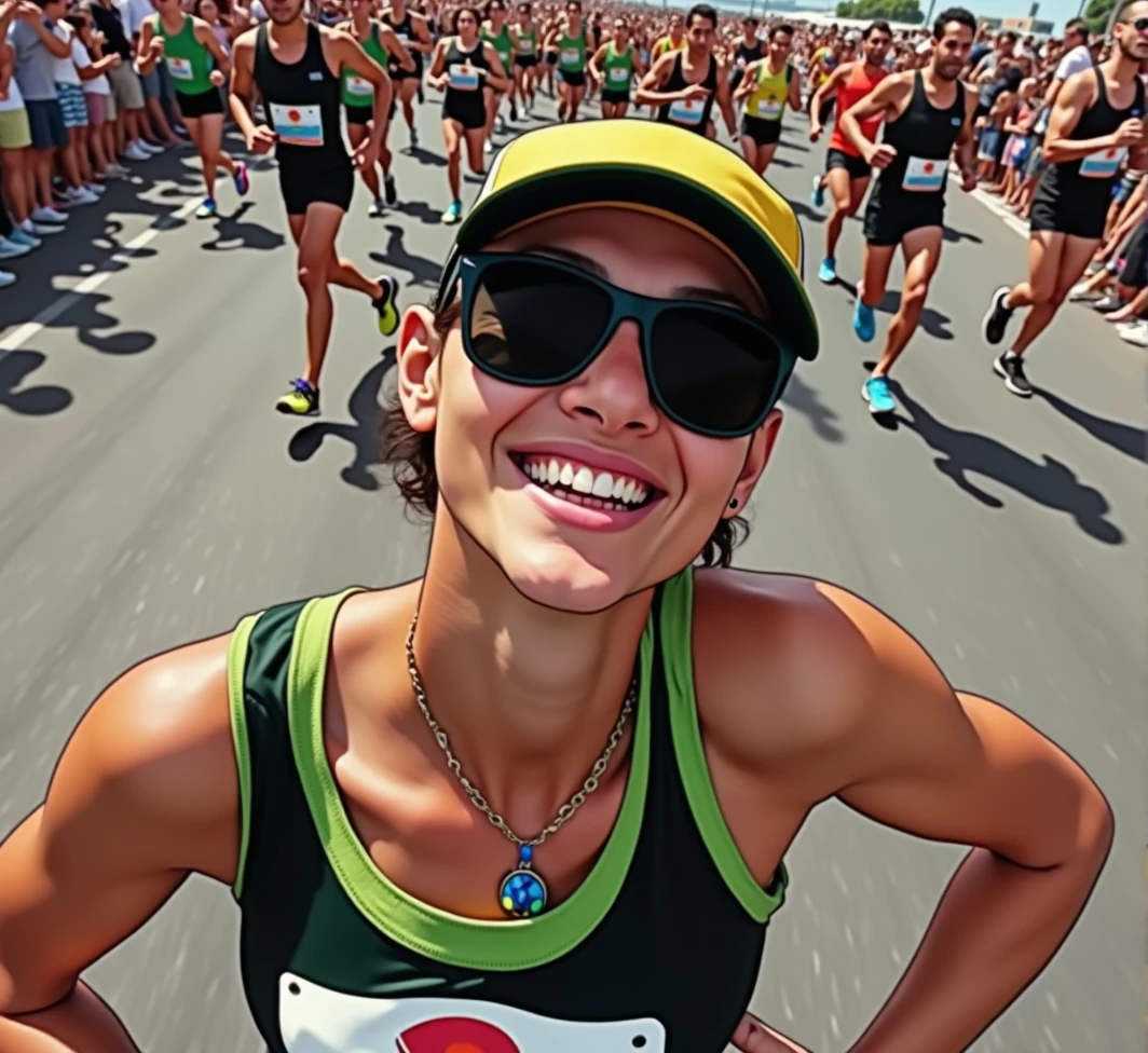 A high-quality photo of a large group of Brazilian people running in a marathon during the daytime. The runners, wearing a variety of colorful athletic gear, are in mid-stride, with expressions of focus and determination. sunlight dapples the ground, creating dynamic shadows. The scene is lively with spectators cheering from the sidelines, and the overall atmosphere is energetic and celebratory. Text written on banner "1ª Corrida Metelurgica"