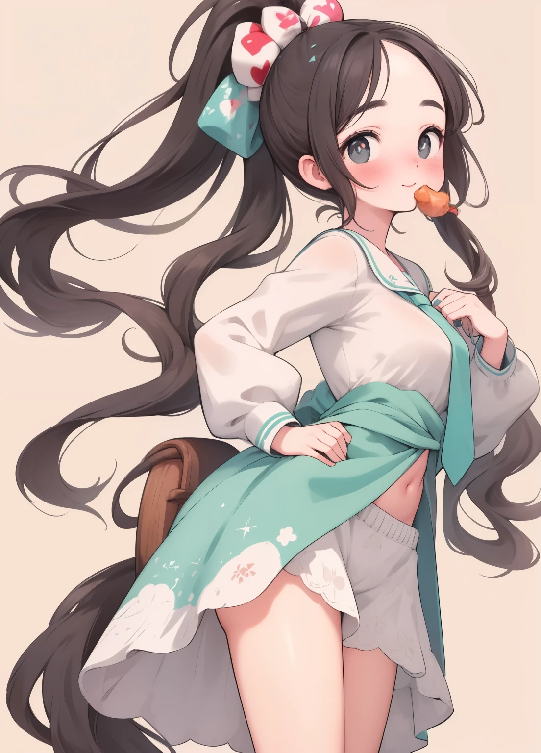 (masterpiece、Highest quality、Highest quality、Official Art、Beautiful and beautiful:1.2)、(One person:1.3)Hatsune Miku、Twin tails,Beautiful breasts, Katsushika Hokusai,//Character 1, Slim and soft, Medium large breasts, Ultra detailed face, So cute, Innocent, Round face, Thin eyebrows, Heart-shaped pupils, Translucent skin, A thoughtful smile, Very long hair, Black Hair, Silver Side Color, Multi-colored hair, Shaggy Bangs, High ponytail style, horse ear on her head break //Fashion Her outfits were inspired by thoroughbreds, Consists of tie-down side ties,( A saddle on her hips), The costume is tight and cuts into the body., Wedge Shape, break //The location is stable, Other horses eating grass, break //