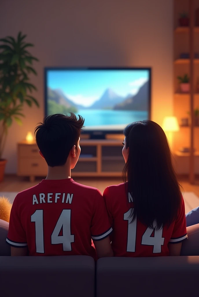 A couple watch television, the name is Arefin and the girl name is Mithila. They are wearing a jersy which number is. 14
 Print the name and jersy number