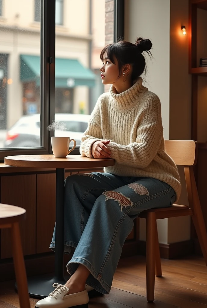 A casual look featuring wide-leg jeans and a cozy knit sweater, sitting at a trendy café with coffee.