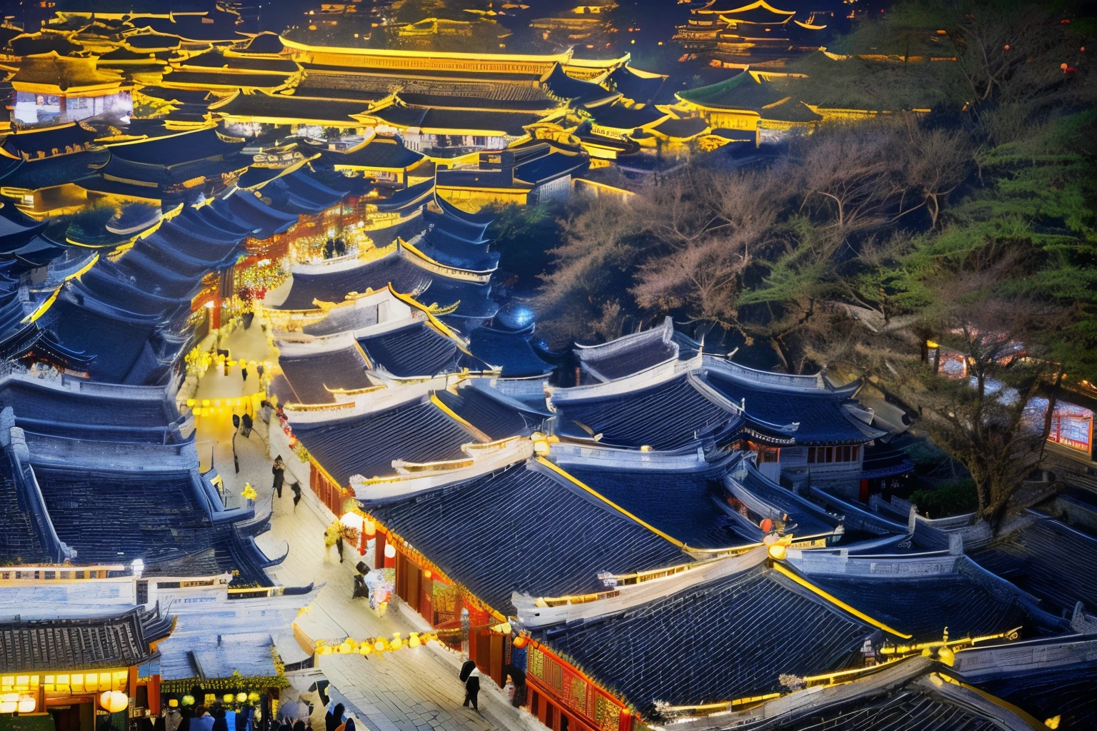 There are many people walking on the city streets, Dreamy Chinatown, Traditional Chinese cities, China Village, Watch from above, ancient Chinese Architecture, like jiufen, Look from above, Lit from above, Watch from above, , Shooting from above, edit, Top-down shooting, The above points, Chinese Architecture,West Jin Ferry in Zhenjiang, Jiangsu Province, China,Spring Festival,Decorated with lanterns and festoons for the New Year,Detailed Details,Best quality,Perfect color matching,Cinematic atmosphere,Masterpieces shot by international photography masters,National Geographic Photography Award Winners
