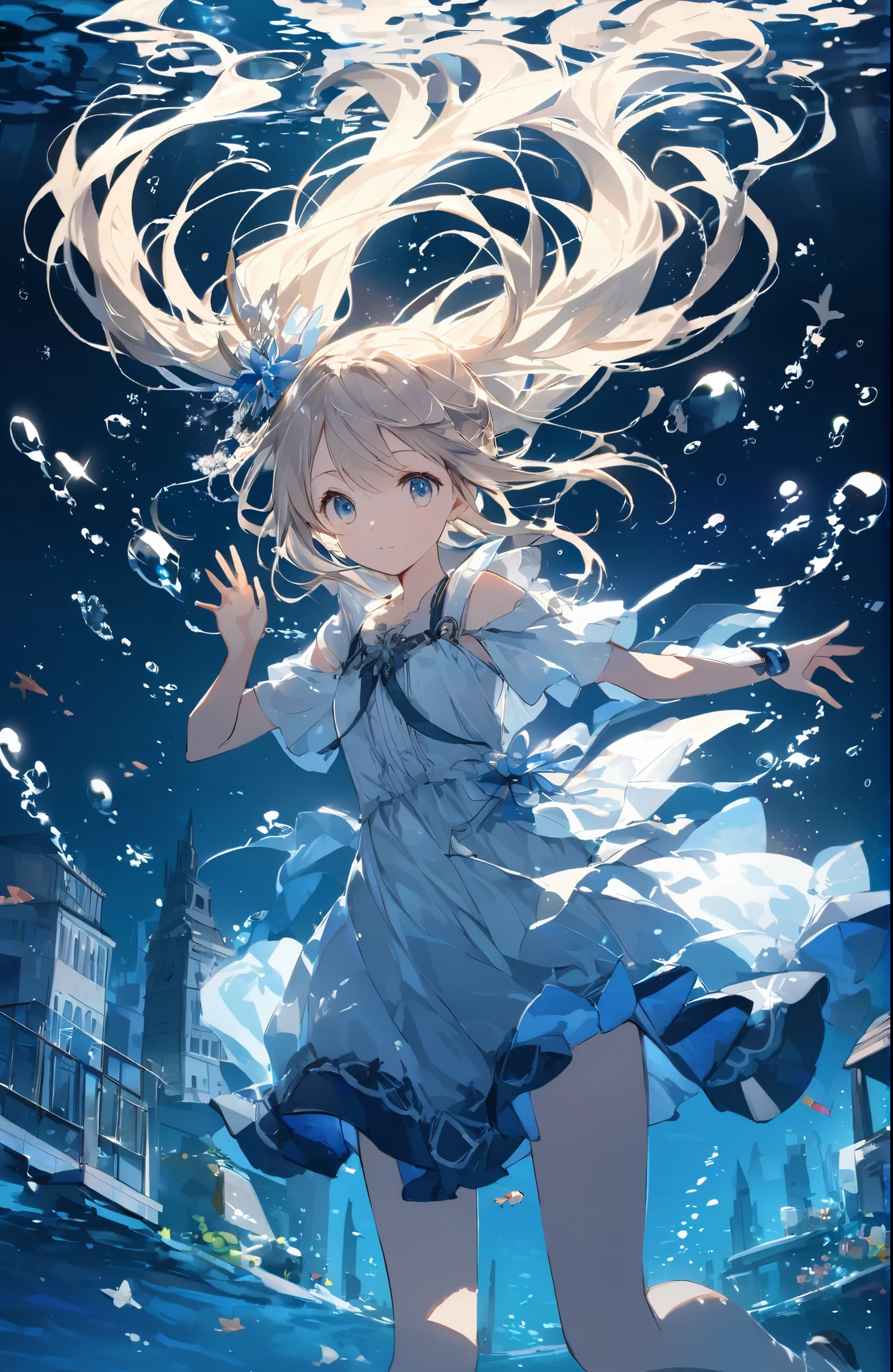 ((Amazingly absurd)),超High resolution, Attention to detail, high quality, High resolution, 最high quality, 4K, 8k、The protagonist is a girl in her ,The girl's appearance is slender and delicate,Characterized by large eyes and long hair,The girl is wearing a underwater propulsion device、Graceful swimming motion,The girl's expression is full of curiosity and a spirit of exploration,Incorporate delicate expressions in the girl's gestures and poses,Depict the girl's hair and clothes swaying gracefully underwater,Pay attention to the appearance of the city ahead of the girl's gaze