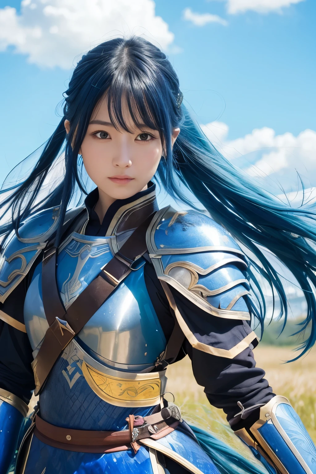 Draw a female warrior with a beautiful, delicate face。
hair is blue and long、Shining in the sunlight。
Your eyes are blue too、Beautiful Face a woman like Imuda Misaki
Wearing delicate, blue, mystical armor、Carrying a big sword。
Prairie background Big Breasts