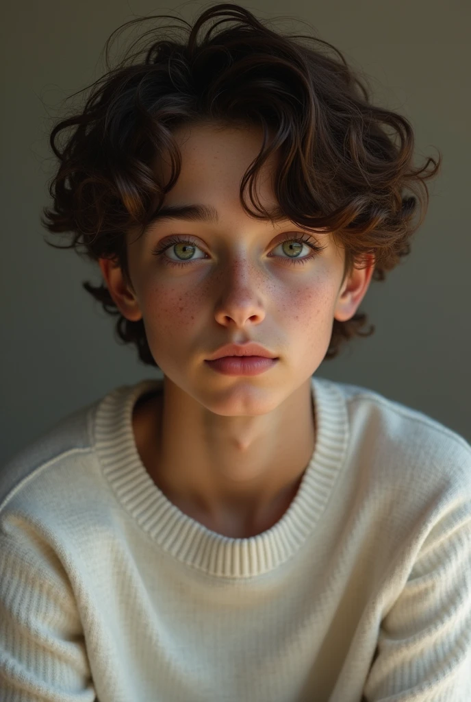 Boy, Olive brownish skin, Italian descendants, cute, beautiful, strikingly attractive, green eyes and intense, soft pink lips naturally shaped, long, mid-length wavy brown hair, gentle curls, slender build, freckles around the nose, quiet, mysterious, shy, ager, , skinny body, wearing a cute white sweater, , young, skinny arms, a boy, black jeans stylish, realistic