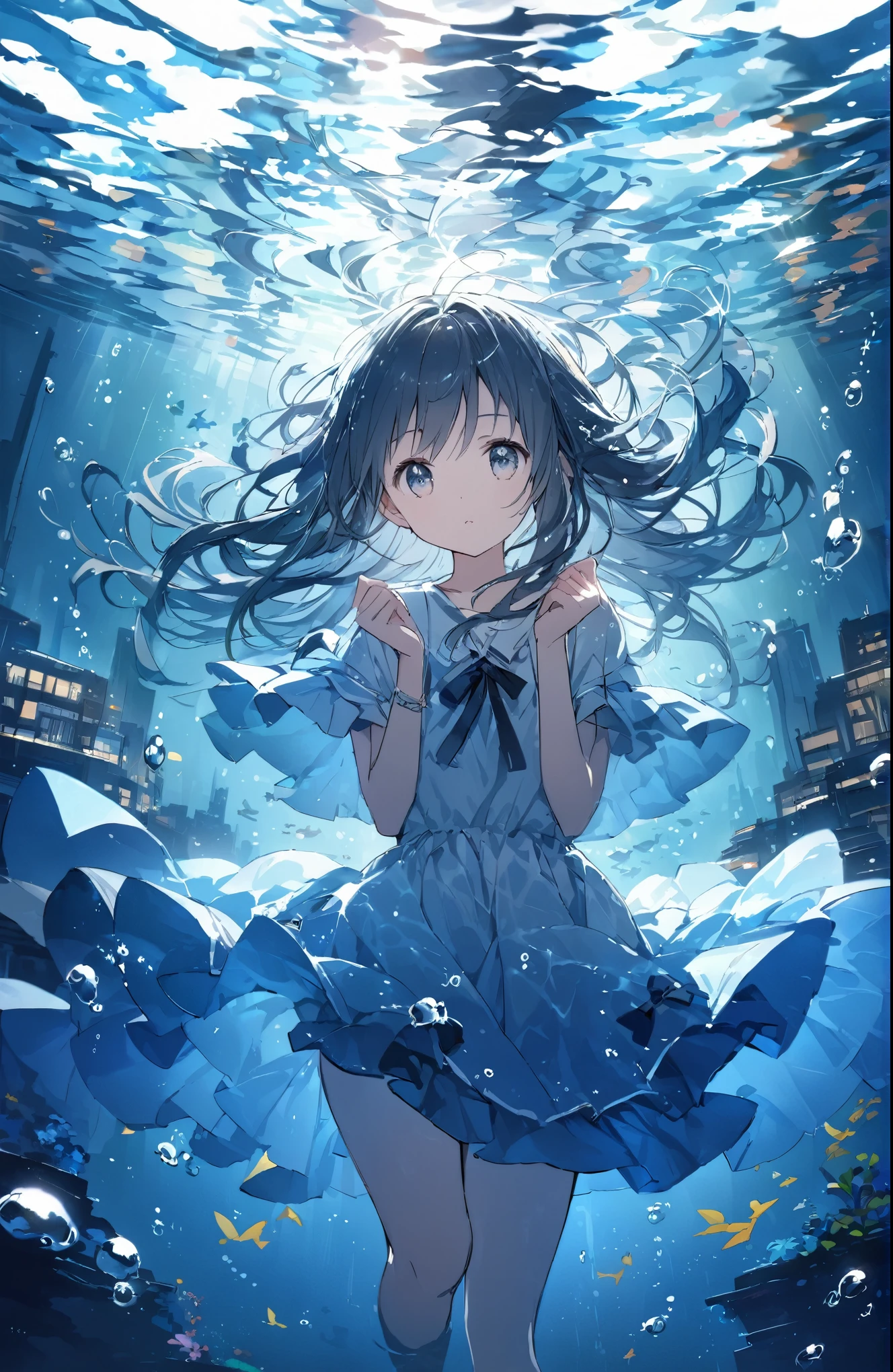 ((Amazingly absurd)),超High resolution, Attention to detail, high quality, High resolution, 最high quality, 4K, 8k、The protagonist is a girl in her ,The girl's appearance is slender and delicate,Characterized by large eyes and long hair,The girl is wearing a underwater propulsion device、Graceful swimming motion,The girl's expression is full of curiosity and a spirit of exploration,Incorporate delicate expressions in the girl's gestures and poses,Depict the girl's hair and clothes swaying gracefully underwater,Pay attention to the appearance of the city ahead of the girl's gaze