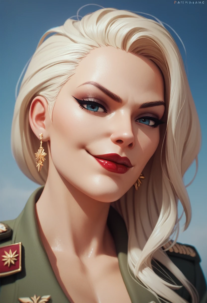 (masterpiece) (best quality) (detailed face) (8k) (sharp focus), 1 military woman, aged woman, wide smirk, red lipstick, badass and cool
