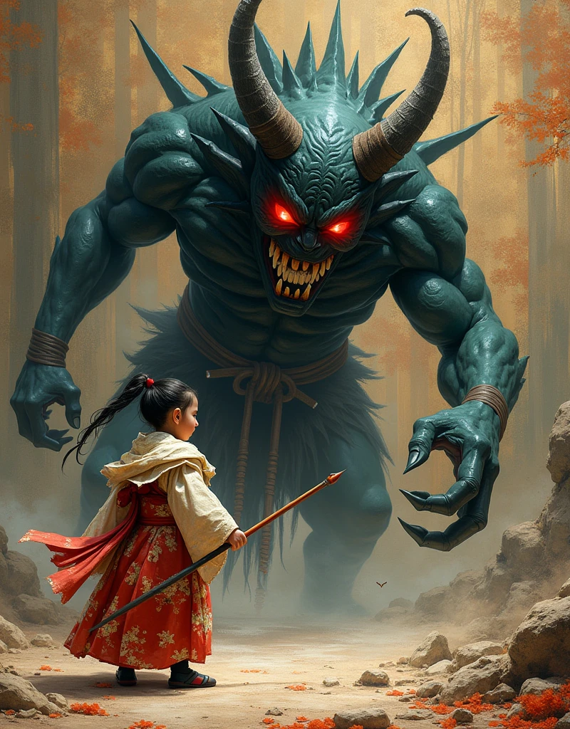 A beautifully detailed Japanese folklore painting, a tiny warrior in traditional Japanese kimono holding an oversized sewing needle, defeating a demon, highly detailed, intricate, ukiyo-e style, vibrant colors, dramatic lighting, masterpiece, 8k, realistic, photo-realistic