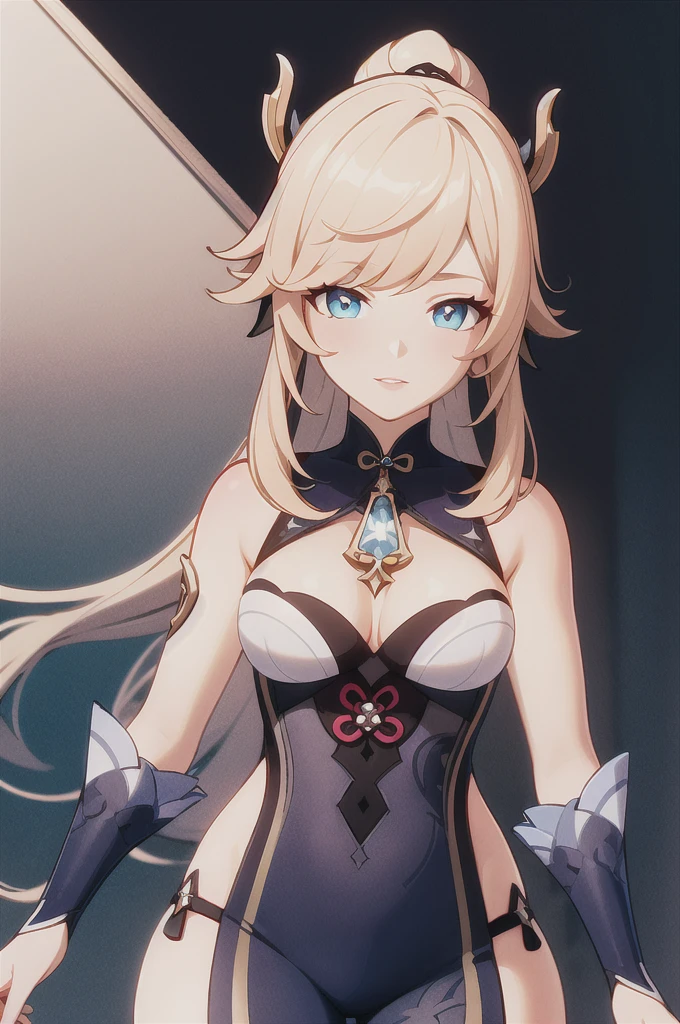 masterpiece, best quality, 1girl, solo, upper body, genshin impact, 1girl, expressive eyes, solo, perfect face, long hair, goddess aesthetic outfit, long light blonde hair dyed with tint of pink color and with cute fluffy bangs well styled, hair dyed with pink color, detailed light blue eyes highlight light reflecting in her eyes, looking straight to the viewer, colorful lighting, lips, black shade of makeup on eyelids, fair skin, perfect hourglass body, she has sharp jawline, The artwork should have the best quality, with ultra-detailed and realistic features. The color palette should be vivid, and the lighting should emphasize the character's facial structure and expression. full body, standing, dynamic pose, genshin,