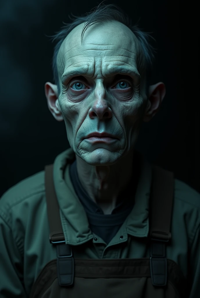 Creepy ghostly miner close up shot cinematic looking straight into us 