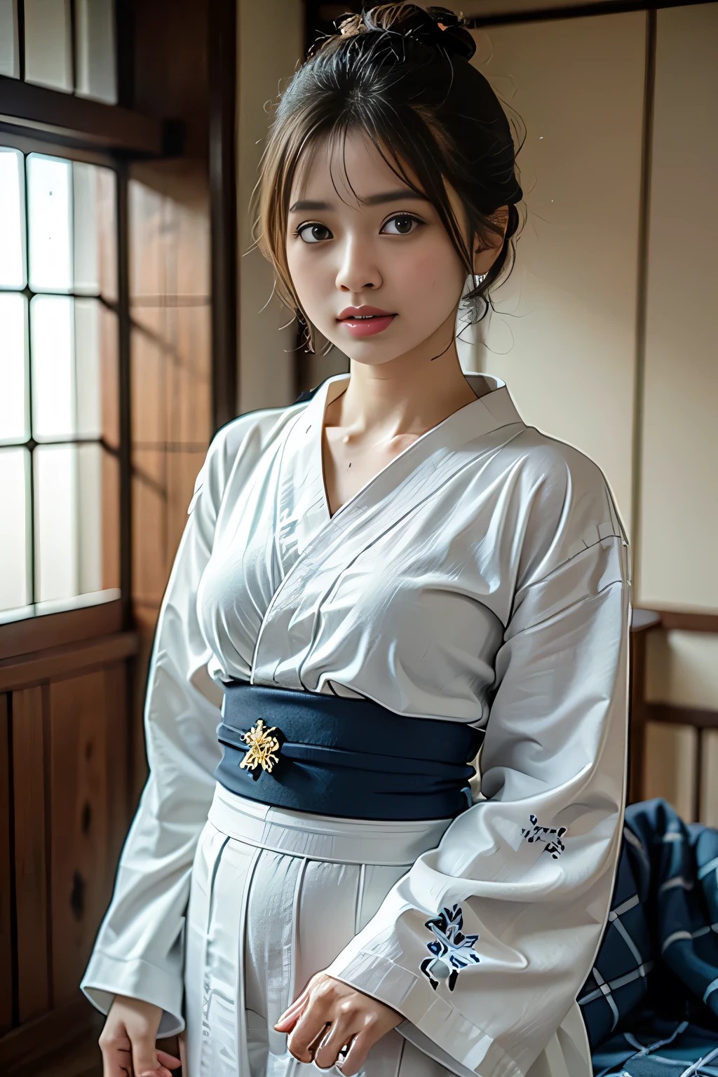(Tabletop, Highest quality:1.4), Beautiful Face, 8k, 85mm, Absurd,、((Traditional Japanese room(with futon)))、((White floral yukata:1.4)), ((Cowboy Shot:1.4))、Delicate, alone, ((Single hair bun:1.4))、night, View your viewers, Upper Body, Film Grain, chromatic aberration, Sharp focus, Face Light, Professional Lighting, Sophisticated, (smile:0.4), (Simple Background, Bokeh Background:1.2), Detailed aspect