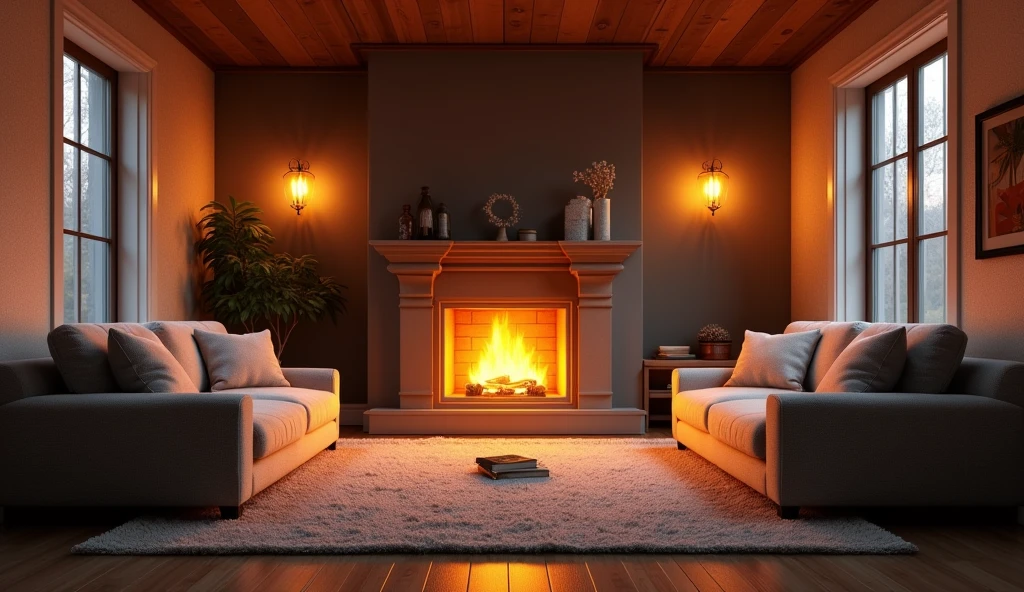 a well-lit living room with a fireplace and sofa, cozy home background, detailed lighting and textures, cozy living room background, cozy place, cozy wallpaper, cozy and calm, cozy envirnment, cozy envirnment, Detailed textures and lighting, cozy room, interior background art, Personal room background, cozy atmospheric, cozy and peaceful environment, relaxing concept art