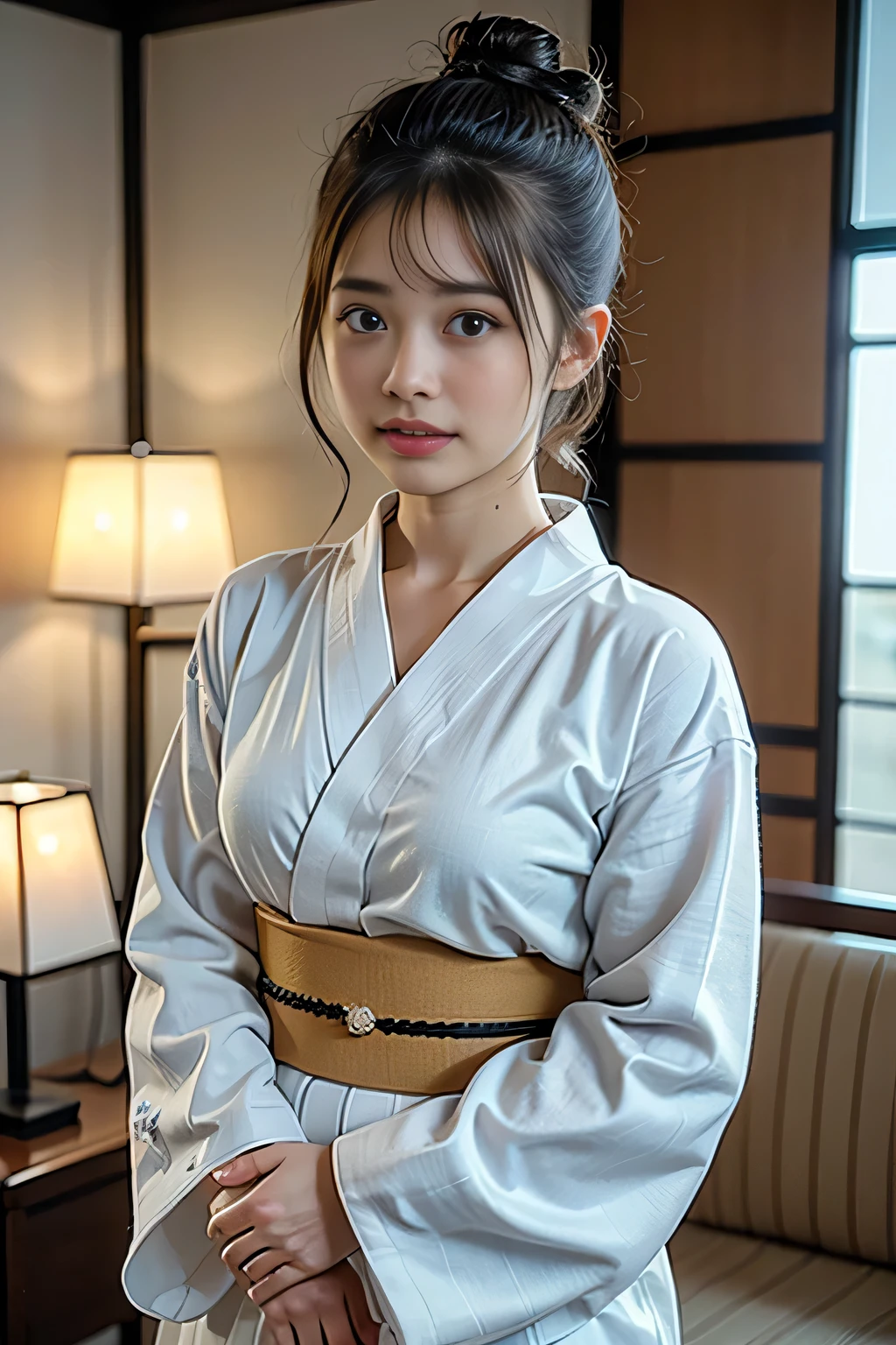 (Tabletop, Highest quality:1.4), Beautiful Face, 8k, 85mm, Absurd,、((Traditional Japanese room(with futon)))、((White floral yukata:1.4)), ((Cowboy Shot:1.4))、Delicate, alone, ((Single hair bun:1.4))、night, View your viewers, Upper Body, Film Grain, chromatic aberration, Sharp focus, Face Light, Professional Lighting, Sophisticated, (smile:0.4), (Simple Background, Bokeh Background:1.2), Detailed aspect