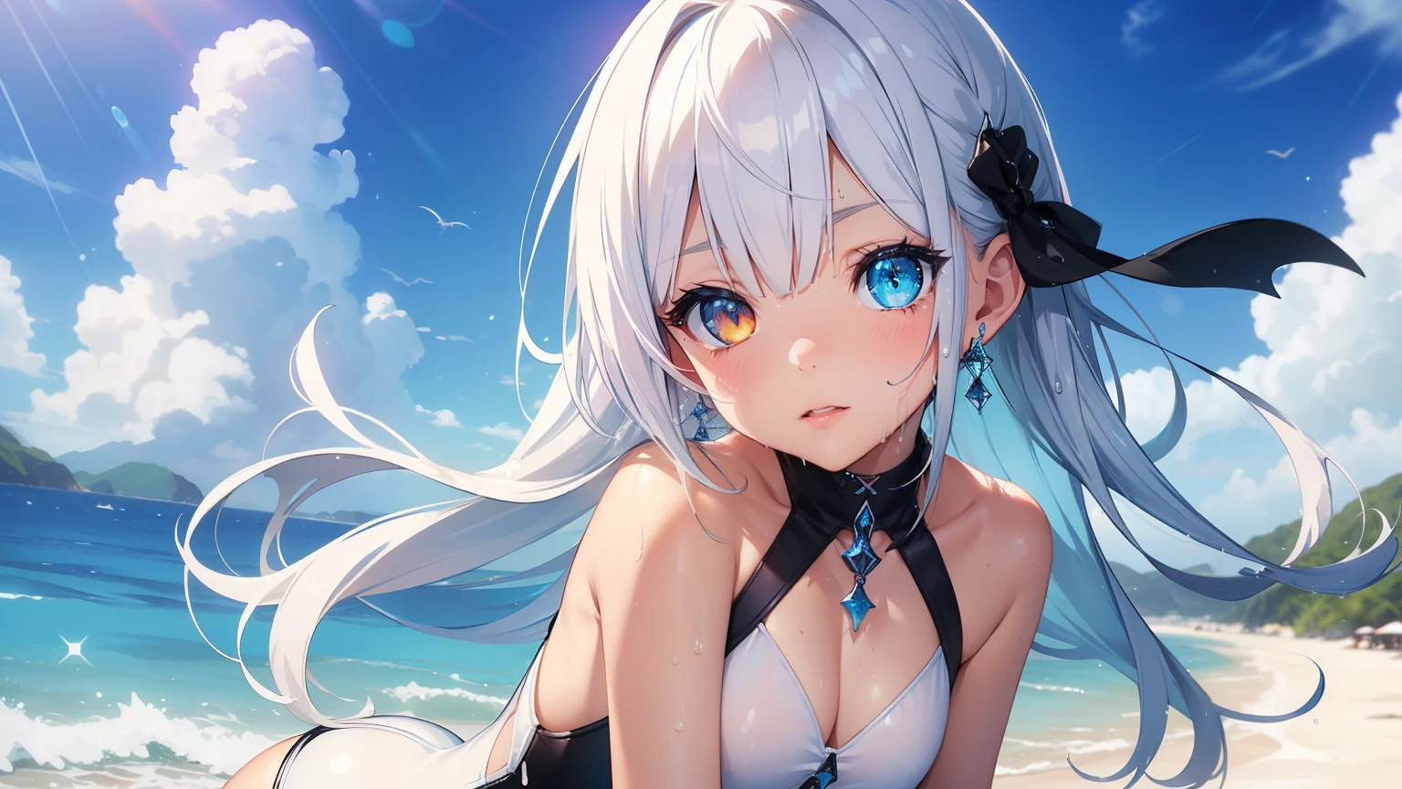 (girl,anime girl) wearing a hat (wallpaper,figure,Fine art:pencil:1.1,anime:muted) and (soft,Blurred,Flowing,Wavy) Blue Water (background,As a motif). The girl (big,Expressive:1.1) eye, (small,delicate) lips, and a (Hilarious,Contemplative:dream-like) Her expression. she has (length,Flowing:Silver) gently hair (Blowing in the wind, Frame her face) and (length,Obelisk:detailed) eyelash. The scene is (Brightly lit:Warmly lit) and (soft,nature:sunlight) Streaming from window, casting (subtle,kind) shadows on the girl's face and the surrounding area. The big picture is (high quality,4K:1.2,ultra-detailed,Realistic) (anime,figure) artwork, and (Vibrant,Vivid) colors and (shading,blend:1.1),On all fours、((nsfw,full,nude,Completely naked))