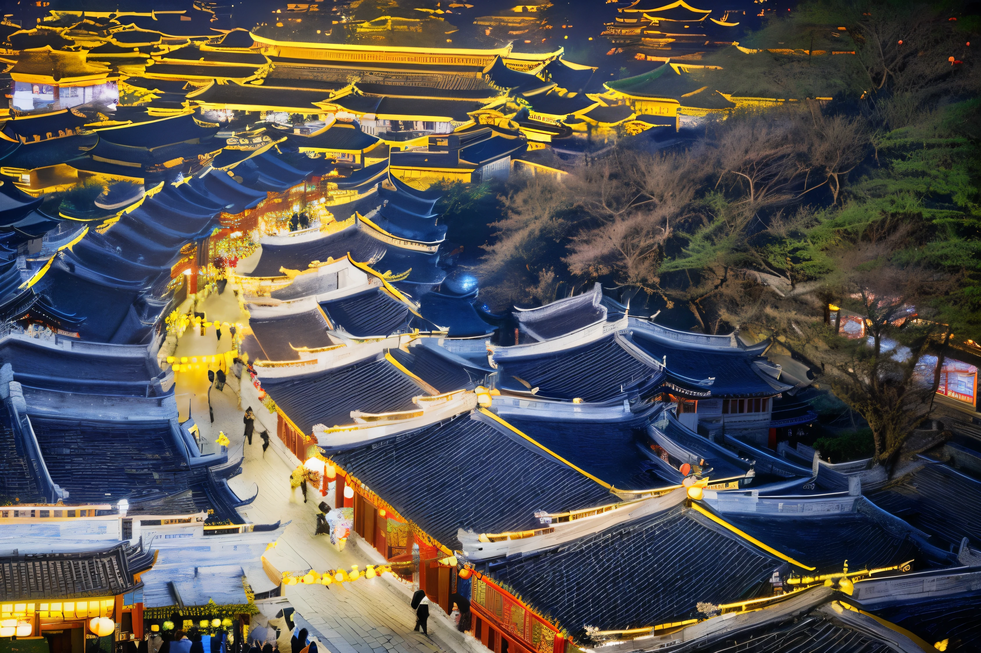 There are many people walking on the city streets, Dreamy Chinatown, Traditional Chinese cities, China Village, Watch from above, ancient Chinese Architecture, like jiufen, Look from above, Lit from above, Watch from above, , Shooting from above, edit, Top-down shooting, The above points, Chinese Architecture，West Jin Ferry in Zhenjiang, Jiangsu Province, China，Spring Festival，Decorated with lanterns and festoons for the New Year，Detailed Details，Best quality，Perfect color matching，Cinematic atmosphere，Masterpieces shot by international photography masters，National Geographic Photography Award Winners