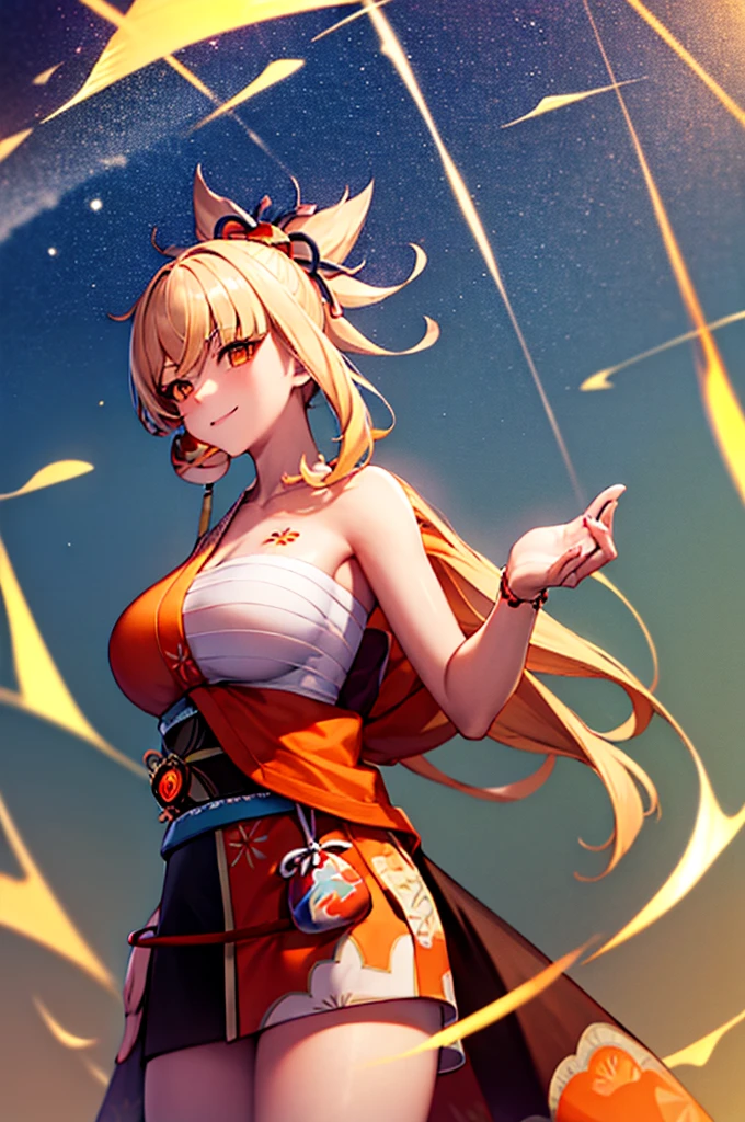 ((masterpiece)),((Highest quality)),High resolution,Perfect lighting,yoimiya(genshin impact), One Woman, Large Breasts, alone, Orange eyes, smile, View your audience, expose one shoulder,Blonde,from the front, Cowboy Shot, Arms crossed,Orange kimono,Short kimono,Sarashi、