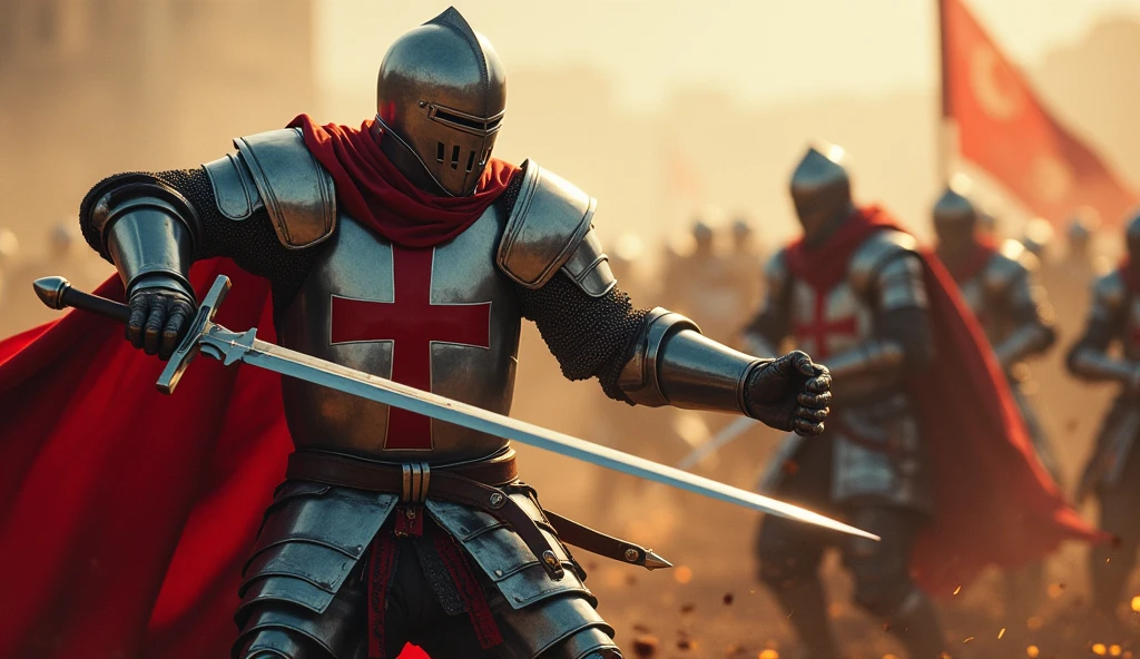 A highly realistic, high-contrast, 8K HD, detailed, hyper-detailed image of the Crusader knights from the provided image, engaged in a life-or-death battle. The knights, clad in steel armor with red crosses on their tunics, fight with unwavering resolve, their swords clashing against their enemies with fierce intensity. Every movement reflects their commitment and willingness to sacrifice everything for victory. The battlefield is chaotic, with dust, blood, and sparks flying as they face overwhelming odds. The dramatic lighting captures the raw emotion and determination in their faces, highlighting the glint of their armor as they fight for their lives. The image is of the highest quality, with ultra-high resolution, RAW photo quality, and Unreal Engine rendering, showcasing the Crusaders' heroic and desperate struggle in the heat of battle.
