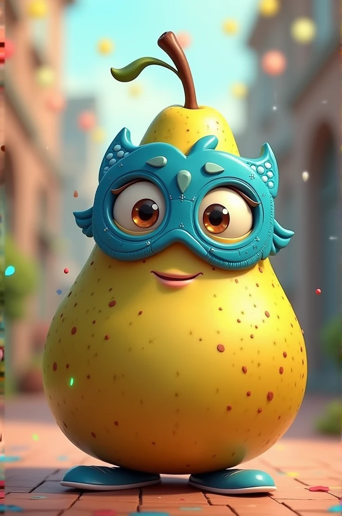 A cute pear wearing a blue pixar-style eye party mask 