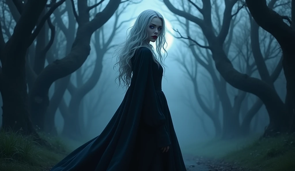 A mysterious vampire with silver hair and glowing, icy blue eyes, standing in the shadows of a moonlit forest. She wears a flowing, dark cloak that billows in the night breeze, and her lips are stained with the faintest hint of blood. The background is a dense, foggy forest with ancient, twisted trees, creating an atmosphere of dark romance and eternal longing.