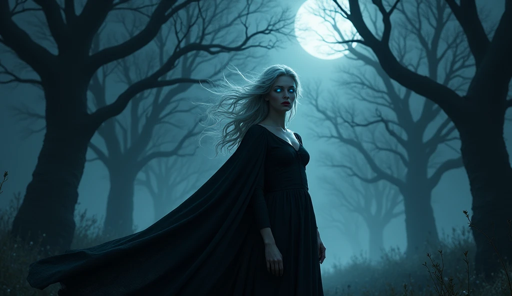A mysterious vampire with silver hair and glowing, icy blue eyes, standing in the shadows of a moonlit forest. She wears a flowing, dark cloak that billows in the night breeze, and her lips are stained with the faintest hint of blood. The background is a dense, foggy forest with ancient, twisted trees, creating an atmosphere of dark romance and eternal longing.