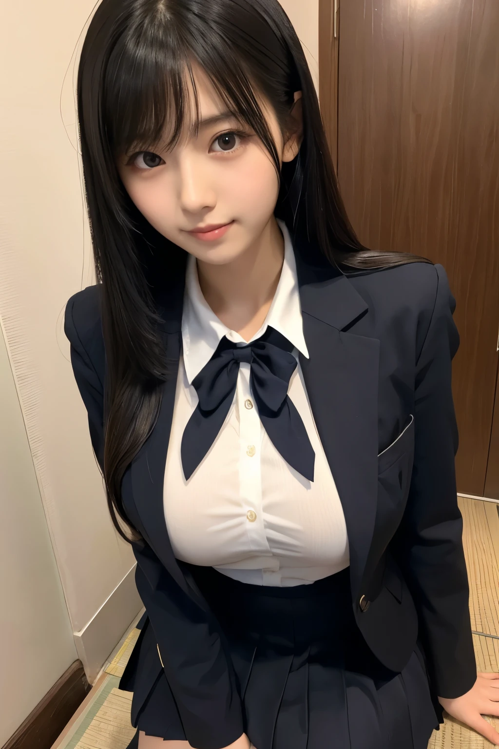 Highest image quality、realistically、Shining beautiful skin、1 woman、Early 20s、bed、Gravure idol、school uniform、uniform skirt、black pantyhose、white panties、slender、smile at the camera、