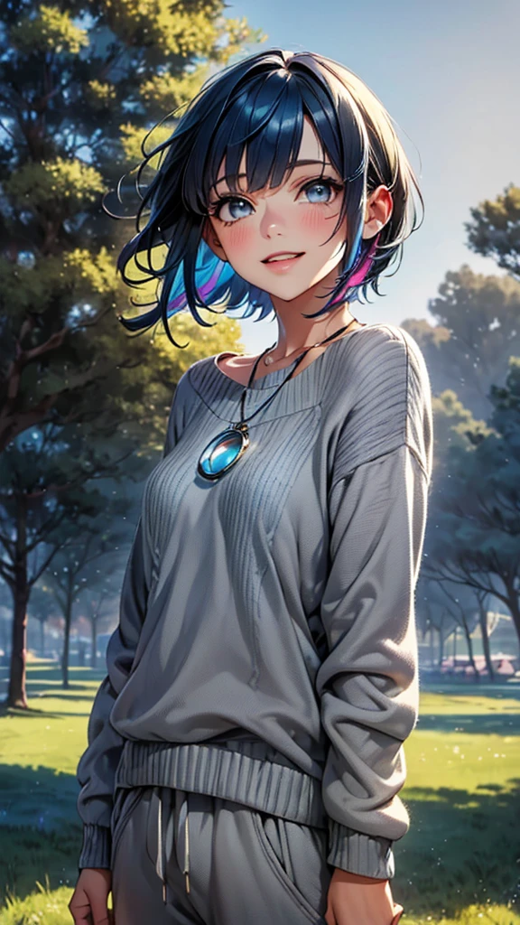 1girl, bangs, (dark blue hair:1.4), multicolored hair, necklace, parted lips, (light grey eyes: 1.4), short hair, smile, solo, (blue sweater: 1.2), (grey sweatpants), park background, bright blue sky, grassy background, trees background