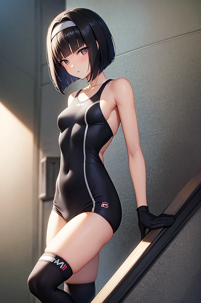 masterpiece, best quality,anime style, 1 girl,(((slender body))), (((small eyes,small breast))),(((athlete suit))), (beautiful face), (((bob cut,headband))), (((straight hair))), ((((black hair)))),detailed beautiful skin, (perfect hands, perfect anatomy),scream
