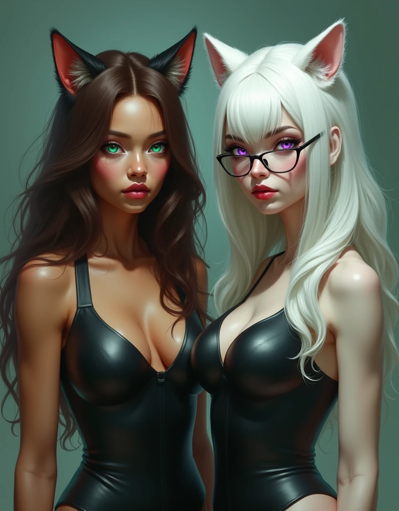 A tan woman with brown have long hair and cat ears and emerald green eyes wearing a black dress was next to a woman with white hair and polar bear ears and glasses and purple eyes.